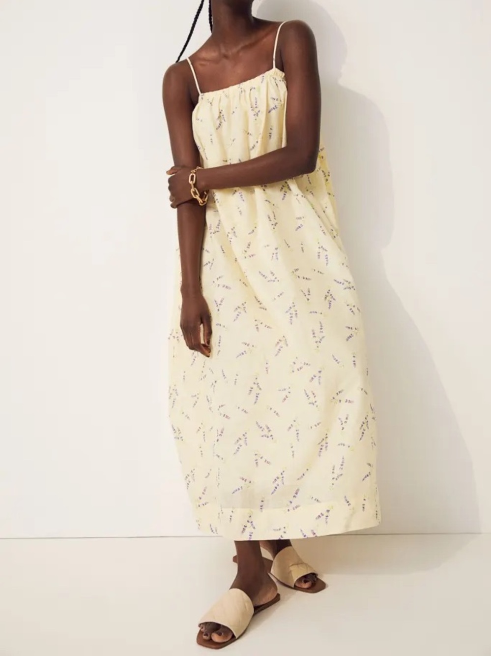 H&M Wildflower Linen Blend Sleeveless Square  Neck Maxi Dress Butter Yellow M